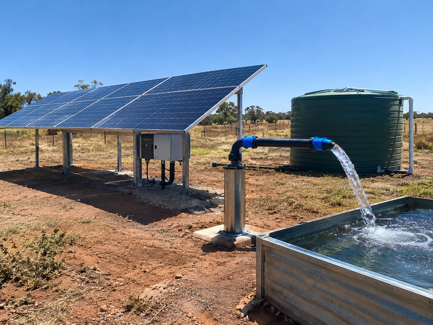 Solar water pumping system providing reliable renewable energy for a farm or remote property